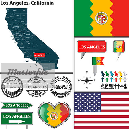 Vector set of Los Angeles, California in USA with flag and icons on white background