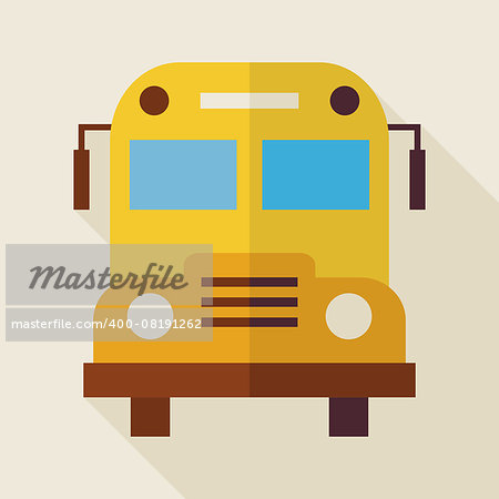 Flat School Bus Illustration with long Shadow. Back to School and Education Vector illustration. Flat Style Colorful Transport Object