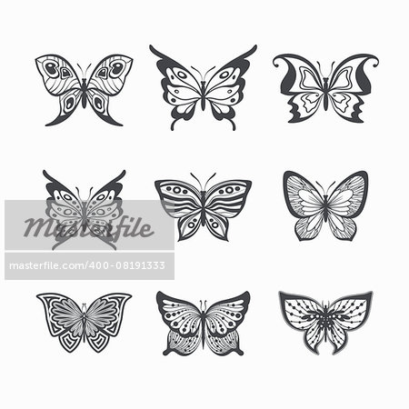 Collection of vector stylized butterflies on white background