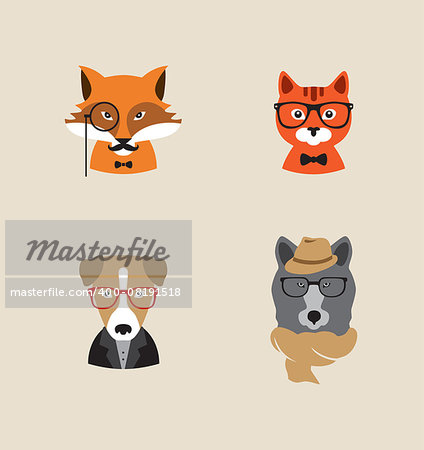 Collection of hipster cartoon character animals fox , cat, dog , bear with accessories isolated vector illustration