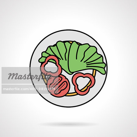 Single flat color design vector icon for plate with slices of pepper, tomato and lettuce leaves on white background.