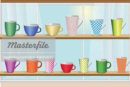 Set of coffee and tea colorful cups for kitchen. Vector illustration.