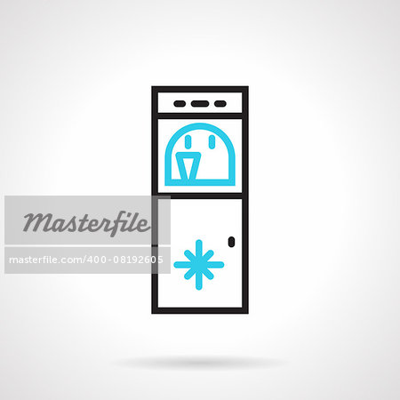 Black and blue flat line design vector icon for water cooler with freezer on white background.