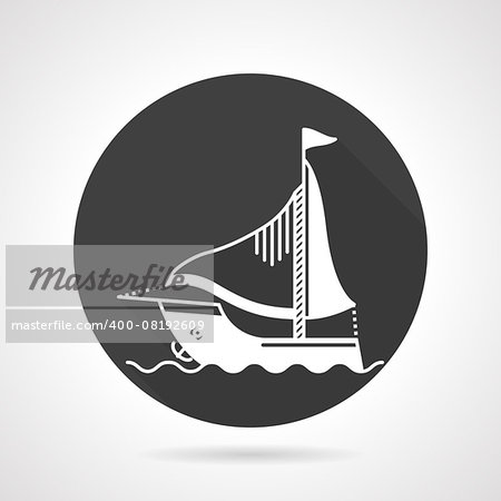 Black round flat design vector icon with white contour sail boat on gray background.