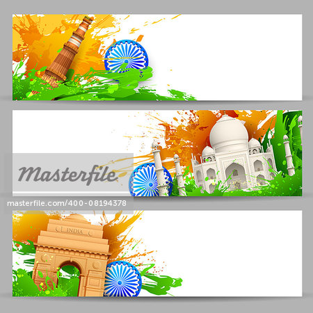 illustration of set of banner for colorful India with monument