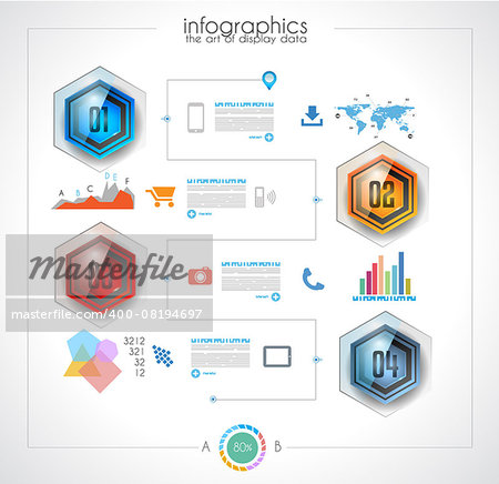 Timeline to display your data in order with Infographic elements technology icons,  graphs,world map and so on. Ideal for statistic data display, solution planning, performance analysis