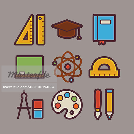 Vector School and Education Items Modern Flat Icons Set. Back to School and Science App Web Elements Collection. Wisdom and Knowledge. Colorful Elements for Mobile Game and Web Application
