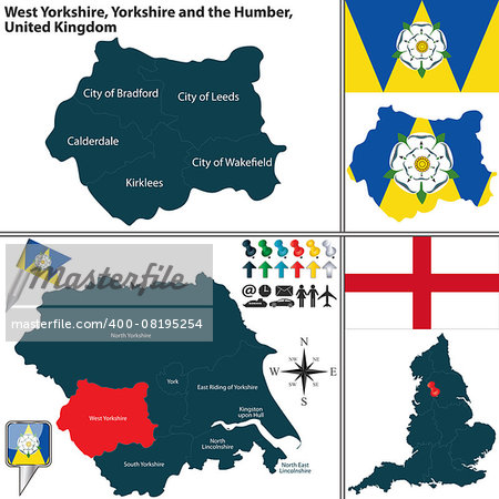 Vector map of West Yorkshire in Yorkshire and the Humber, United Kingdom with regions and flags