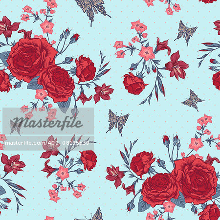 Beautiful Seamless Background with Victorian Roses in Vintage Style, Vector illustration