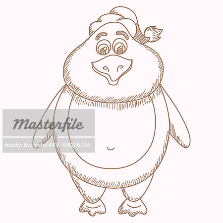 Hand drawn penguin in hat, pencil drawing of fatty penguin, vector illustration