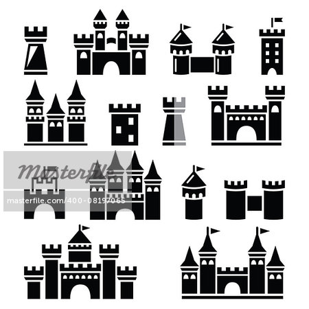 Buildings icons set - castles isolated on white
