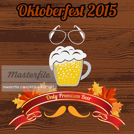 Oktoberfest Emblem. Mug of Beer With Spectacles and Mustache. Red Ribbon With Maple Leaves. Grunge Wooden Background.  Suitable for Fest Attributes, Pub Equipment  And Other Use. Vector Illustration.