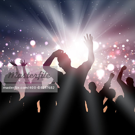 Silhouette of a party crowd on a disco lights background