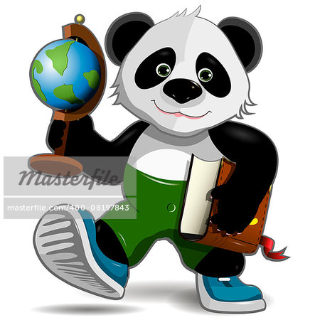 Illustration of a happy panda with a globe and a book