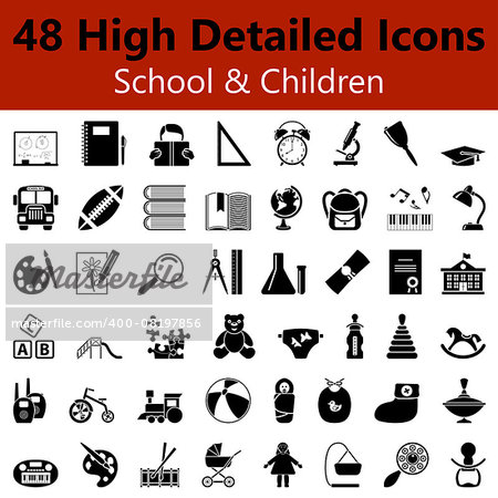 Set of High Detailed School and Children Smooth Icons in Black Colors. Suitable For All Kind of Design (Web Page, Interface, Advertising, Polygraph and Other). Vector Illustration.