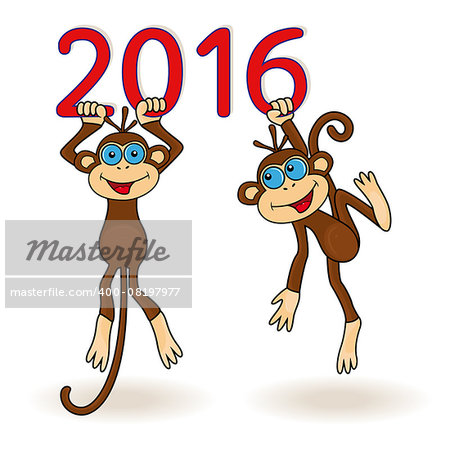 Two funny Monkeys hang on the digits of 2016 inscription, cartoon vector artwork on the white background