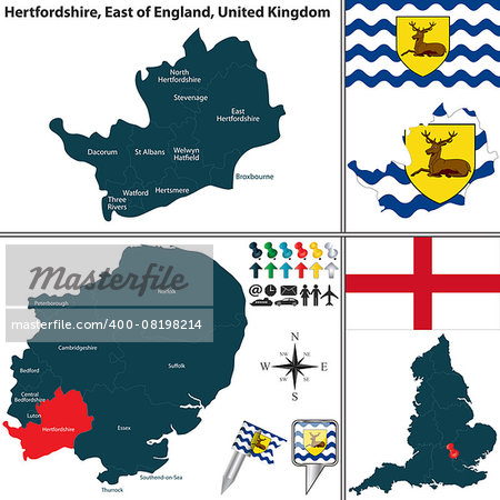 Vector map of Hertfordshire in East of England, United Kingdom with regions and flags