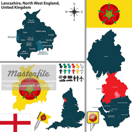 Vector map of Lancashire in North West England, United Kingdom with regions and flags