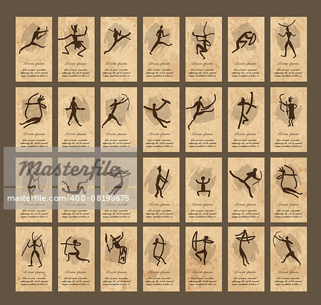Rock paintings with ethnic people, business cards, vector illustration