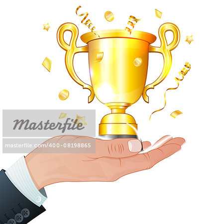 Award Winner Concept - Hand Gold Trophy in Realistic 3D style. Vector Template can be used for Cover, Brochure, Poster and Printing Advertising.