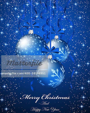 Elegant Christmas Greeting Card With Ribbons, Balls and Snowflakes on it. Blue Background with Text Space.  Also Suitable for Ney Year Cute Design. Vector Illustration.