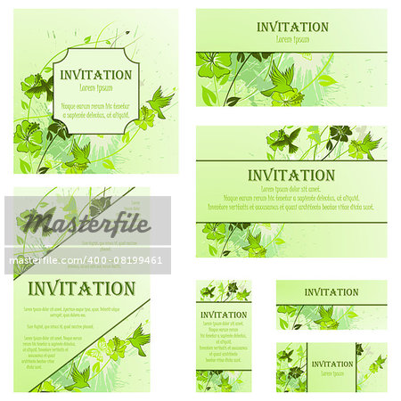 Set of Invitation Cards in Different  Size and Formats. Elegant Spring Design With Flowers, Butterflies and Birds Over Grunge Green Background With Ink Blots. Vector Illustration.