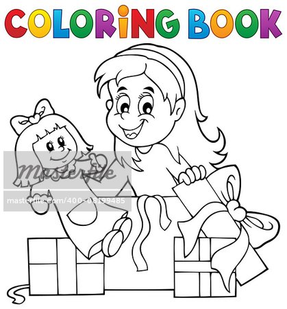 Coloring book girl with doll and gifts - eps10 vector illustration.