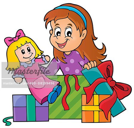 Girl with doll and gifts theme 1 - eps10 vector illustration.