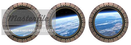 Three Space Station Portholes.  Realistic 3D Scene.