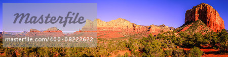 Panoramic image of Courthouse Butte and surrounding mountains in Sedona, Arizona