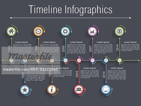 Timeline infographics design template with nine elements, vector eps10 illustration