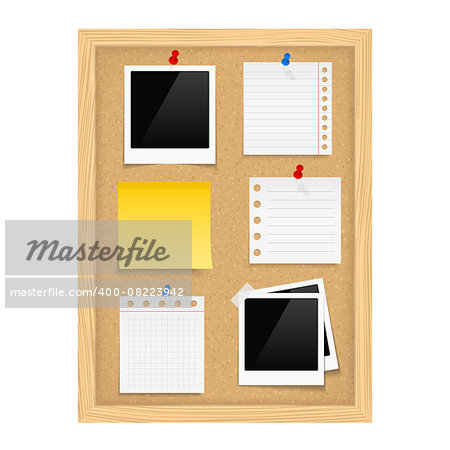 Vertical bulletin board with photo frames and paper notes, vector eps10 illustration