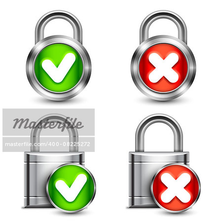 Collection of metal padlocks with check marks