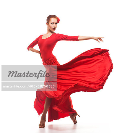 woman traditional dancer wearing red dress isolated on white background