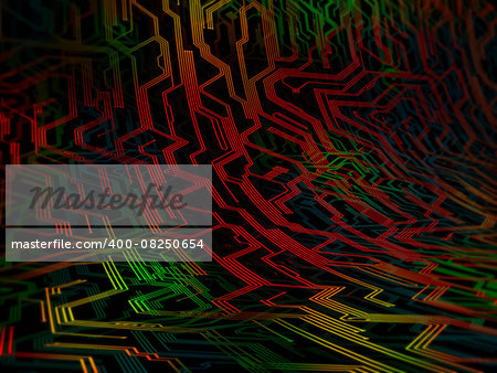 Electronic circuit in depth of field and varied colors.