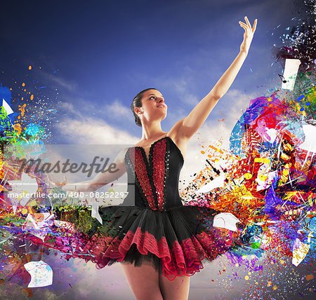 Classical dancer between colours and musical notes