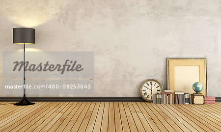 Vintage room with black lamp and vintage objects on wooden floor - 3D Rendering