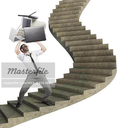 Overload businessman working launches pc from stairs
