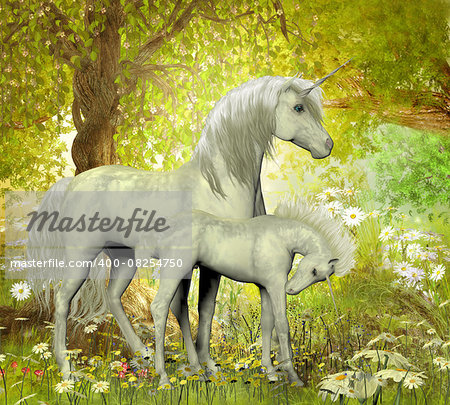 A white unicorn mother brings up her foal in a magical forest full of spring flowers.