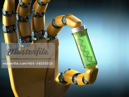 Robotic hand holding a test tube with a sample DNA inside. Concept of the technology.