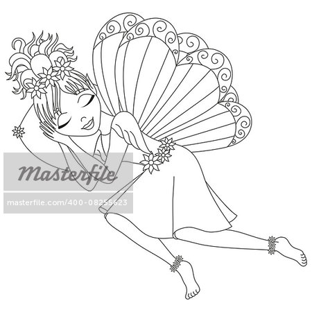 Cute fairy in dress with wings is sleeping on pillow, vector illustration, coloring book page for children