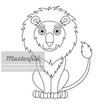 Cute cartoon lion with fluffy mane and kind muzzle. Vector illustration, coloring book page for children