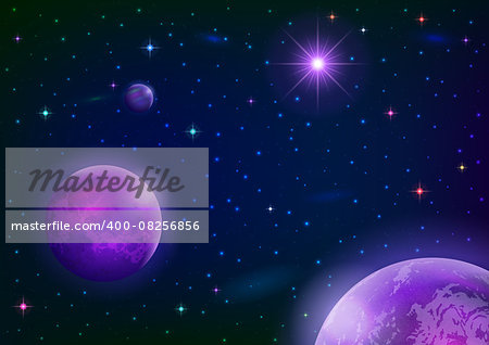 Fantastic space background with three violet planets, sun and stars. Elements of this image furnished by NASA. Vector eps10, contains transparencies