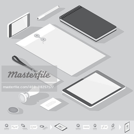 Corporate identity mock-up template. Flat isometric design. Vector illustration.