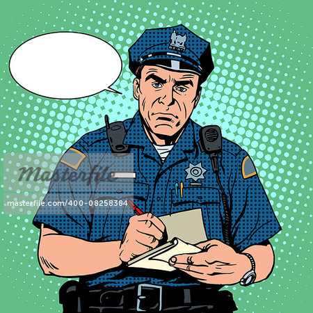 angry policeman questions pop art retro style