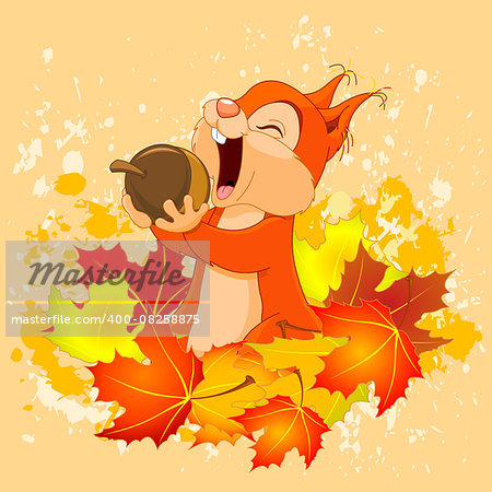 Illustration of cute squirrel eats nut on autumn background