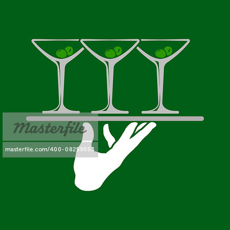 Waiter hands holding tray with martini glasses icon over green background. Vector illustration.