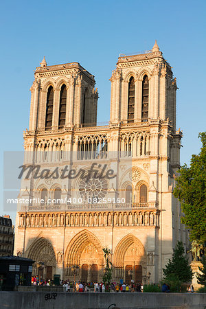 facade of Notre Dame  cathedral  at summer day, Paris, France