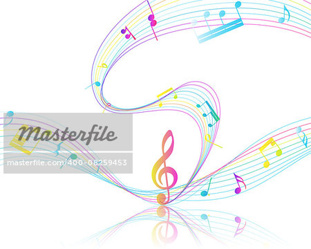 Multicolor Musical Design From Music Staff Elements With Treble Clef And Notes With Copy Space. Elegant Creative Design Isolated on White. Vector Illustration.