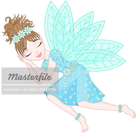 Cute fairy in bright cyan dress decorated of flowers with transparent wings is sleeping, vector illustration, eps 10
